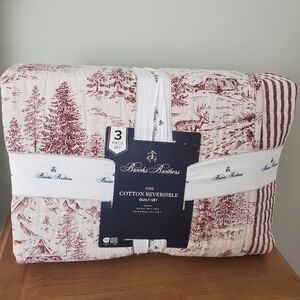 Brooks Brothers Alpine Christmas Quilt King + 2 Shams | Red White Stripe Back